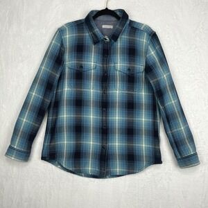Outerknown Blanket Shirt Mens M/L‎ Blue Puget Plaid Heavy Flannel Shacket Cotton